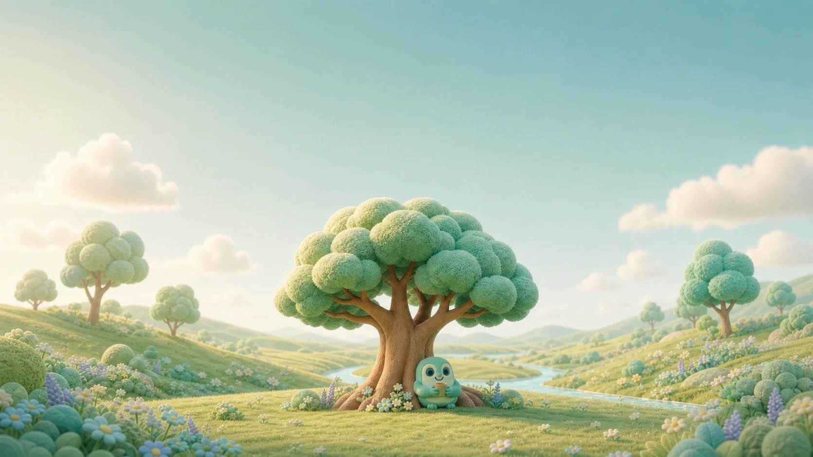 Wise zit ontspannen onder een grote boom in het landschap van NettoWise