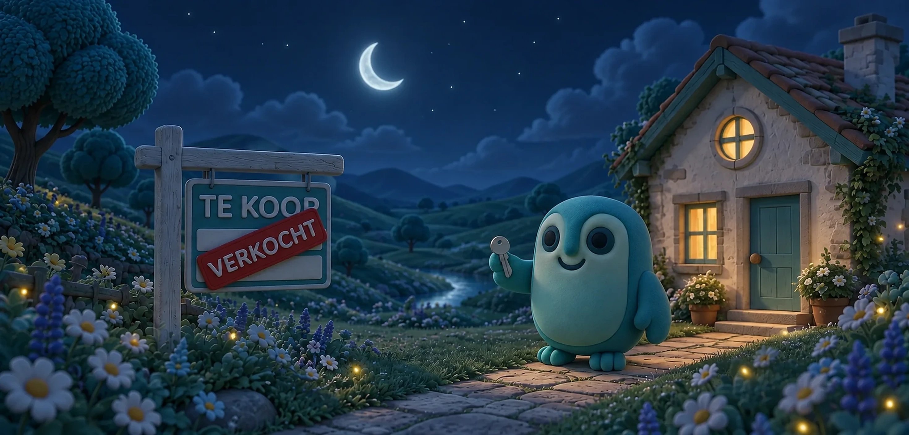 Wise staat met de sleutel voor zijn nieuwe huis, naast een te koop-bord met een verkocht-sticker.