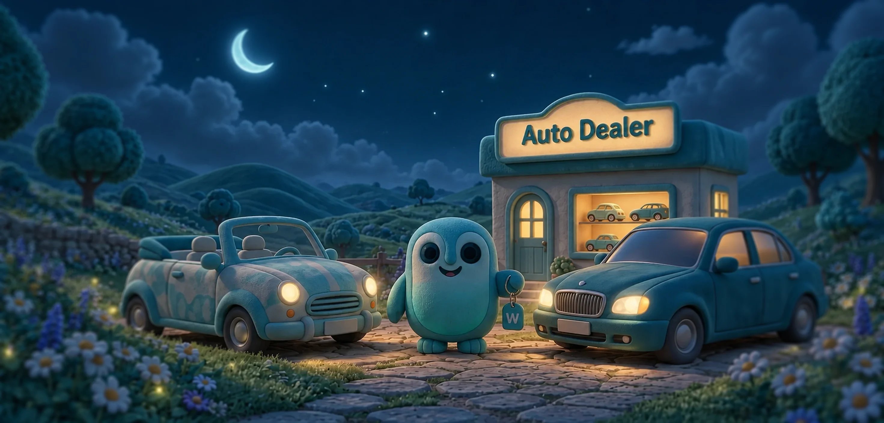 Wise stands between a private car and a business car outside a small dealership in a green landscape.