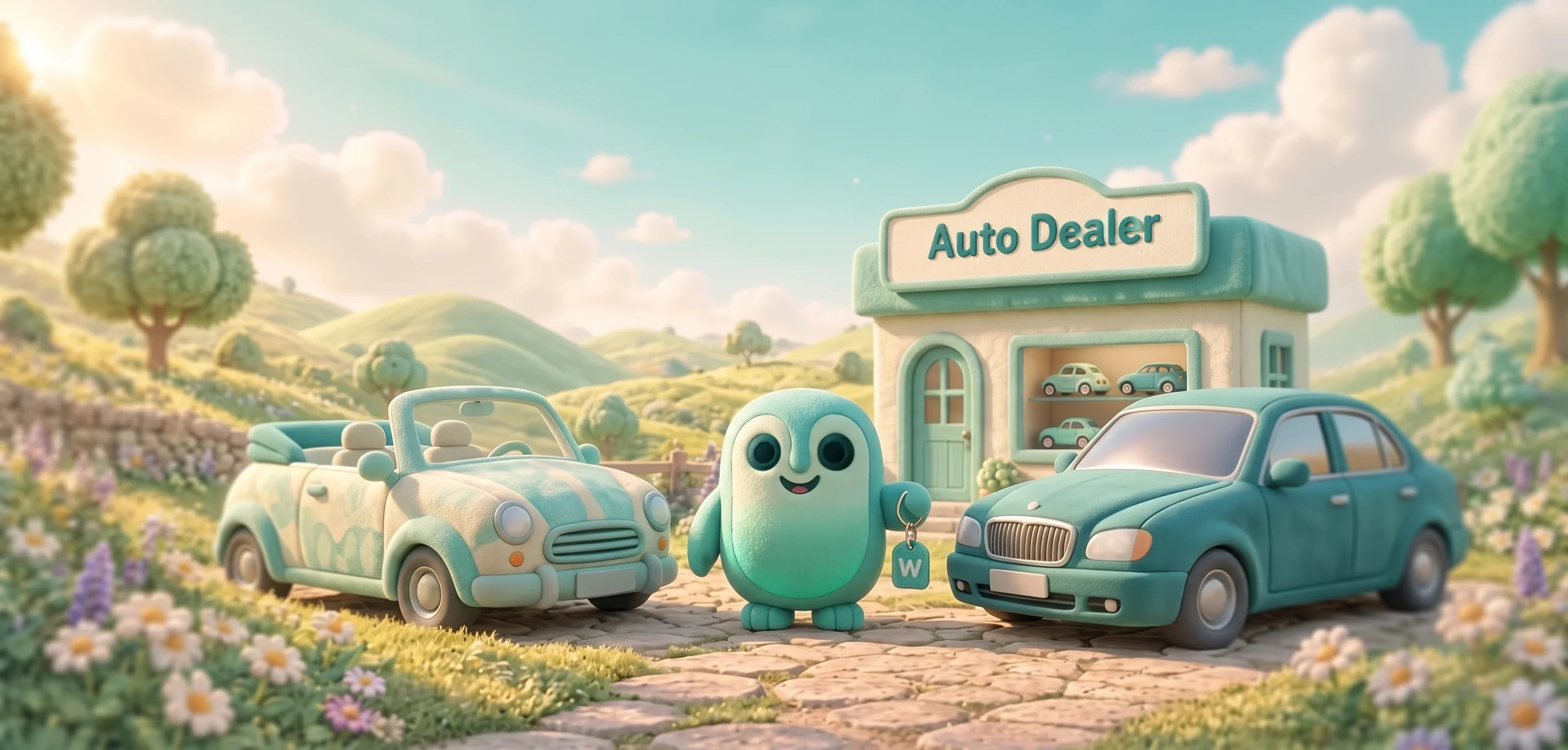 Wise stands between a private car and a business car outside a small dealership in a green landscape.